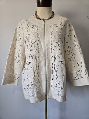 Lafayette 148 New York Hadara embroidered linen jacket intricate Laser Cutouts.